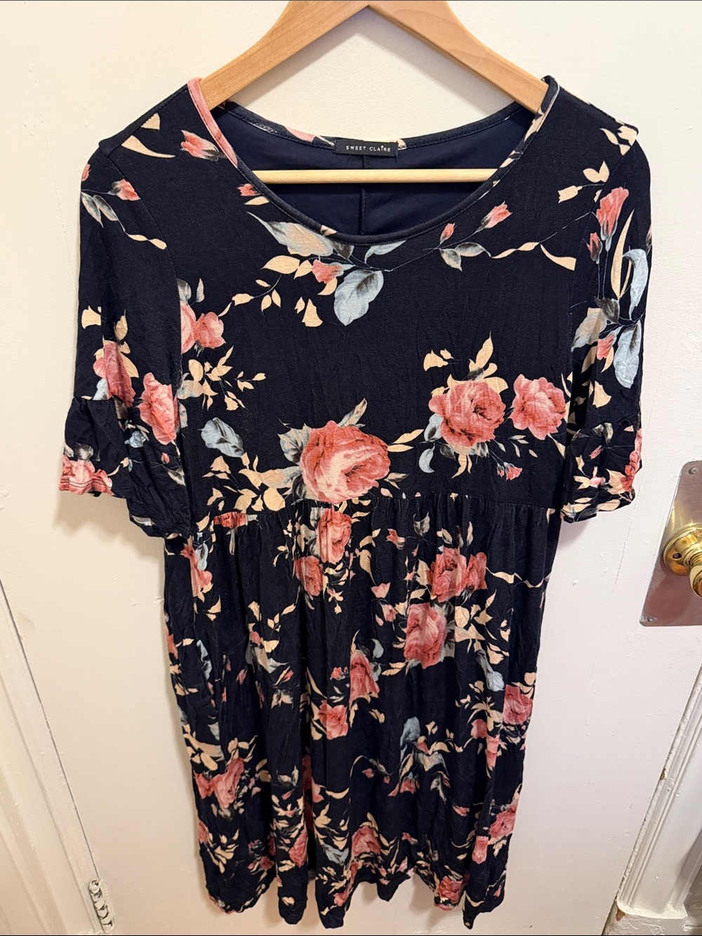 Sweet Claire Black Midi Dress with Pink Rose Floral Print